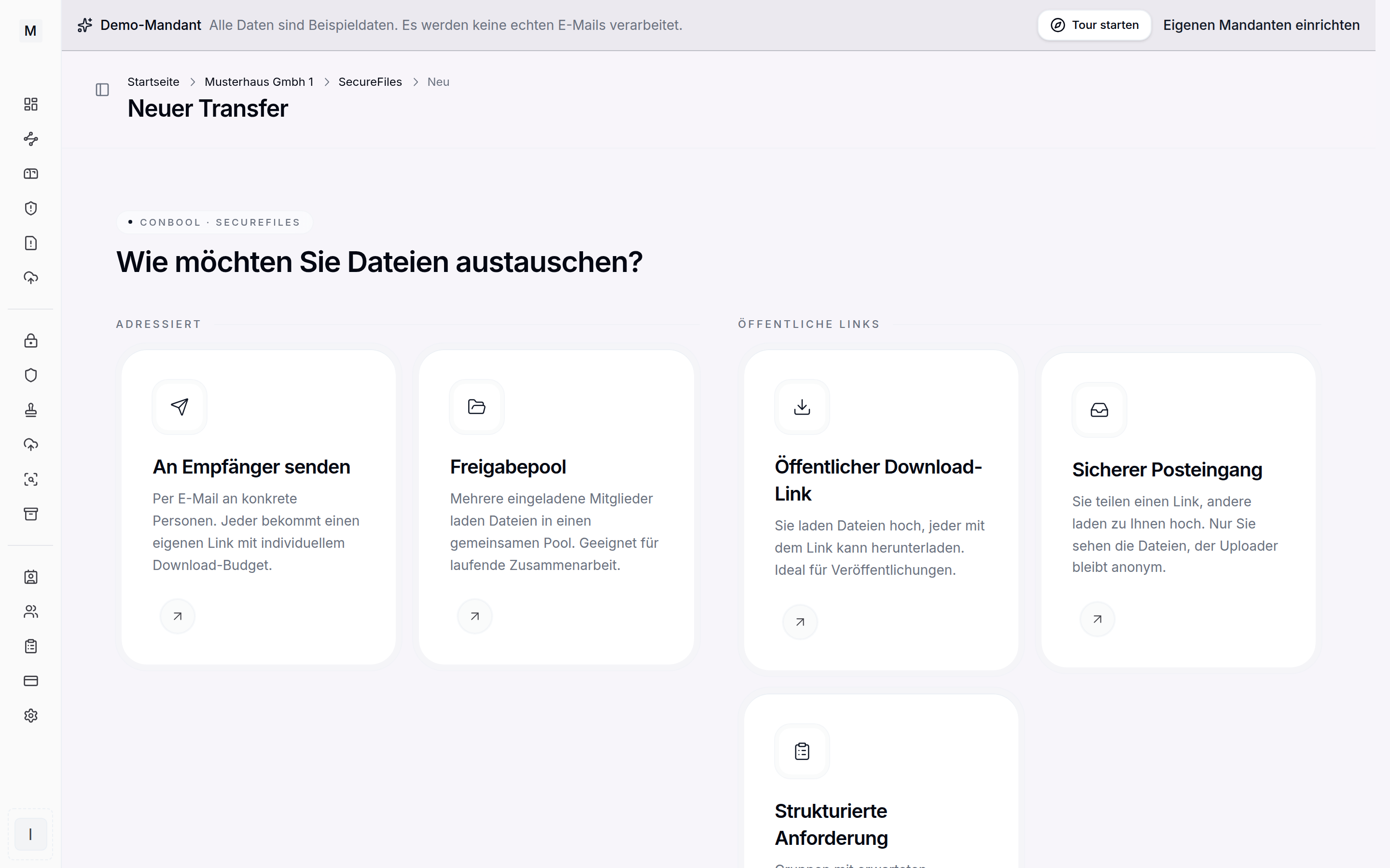 Neue SecureFiles-Übertragung anlegen mit Auswahl der Art